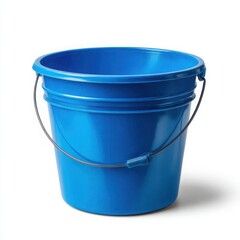 A bright blue plastic bucket with a metal handle stands on a white background