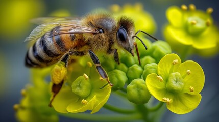 In a closeup view, a bee is seen pollinating a flower, stressing the value of biodiversity preservation