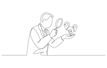 Continuous one line drawing of businessman looking at map pin icons through magnifying glass, analyzing locations for investment concept, single line art