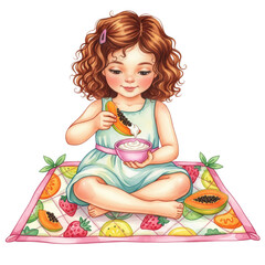 Joyful Fruity Indulgence: Charming illustration depicts a cheerful girl savoring a papaya slice dipped in a creamy delight, sitting on a vibrant, fruit-patterned mat. 