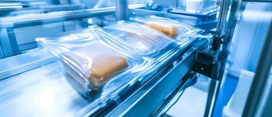 Transparent Packaging with Food Products on Production Conveyor Belt