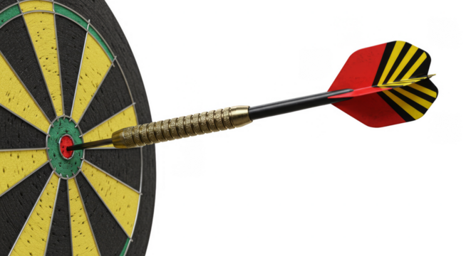 Close Up of Arrow Hitting Bullseye on Dartboard Isolated PNG
