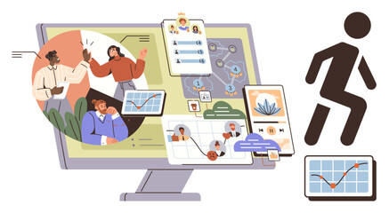 Office team collaboration on screen with charts, graphs, connected nodes, mobile apps, and growth charts. Ideal for teamwork, strategy, technology progress analytics leadership innovation. Simple