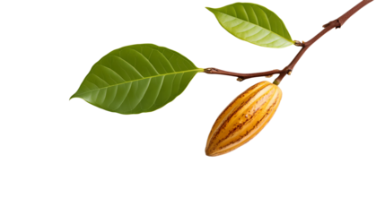 on a white surface, a brown twig with two green leaves and a pod like structure are displayed. the pod has vertical lines of a darker shade, creating a striped effect