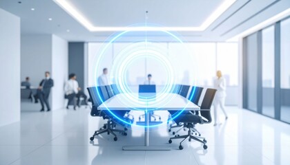A modern office conference room with a digital holographic interface overlay, symbolizing futuristic technology and business collaboration.