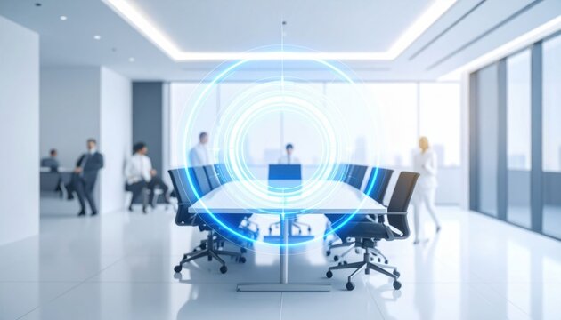 A modern office conference room with a digital holographic interface overlay, symbolizing futuristic technology and business collaboration.