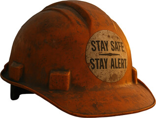 Used orange construction hard hat with stay safe stay alert safety sticker