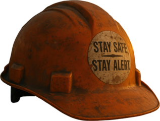 Used orange construction hard hat with stay safe stay alert safety sticker