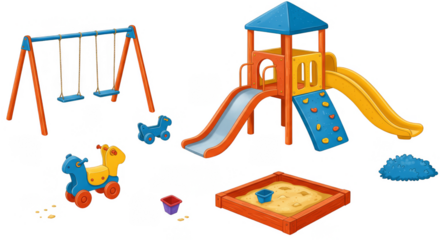 Colorful Children Playground Illustration with Swing Slide Sandbox in Transparent