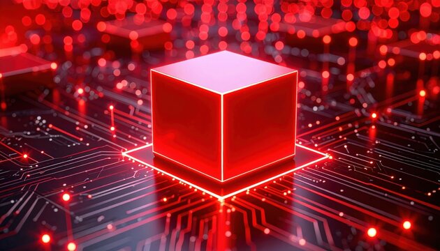 A glowing red cube sits atop a digital circuit board, symbolizing advanced technology and futuristic computing concepts in a vibrant, high-tech environment.