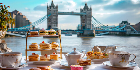 Fancy afternoon tea set with scones, finger sandwiches and tea, with the Tower Bridge in the background, London, Great Britain.