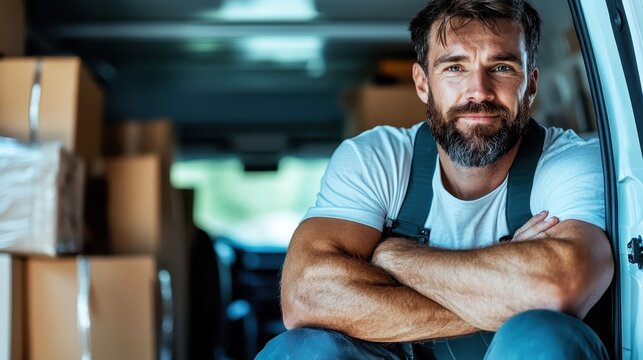 A friendly delivery man is seated in his van, surrounded by boxes, showcasing the spirit of service and diligence in the logistics industry.