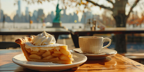 Slice of homemade apple pie with whipped cream and a cup of coffee, New York City view in the background.