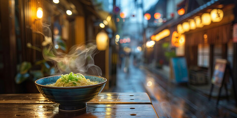 Steaming bowl of ramen on a wooden table, with a traditional Kyoto street in the background, evening lantern lights.
