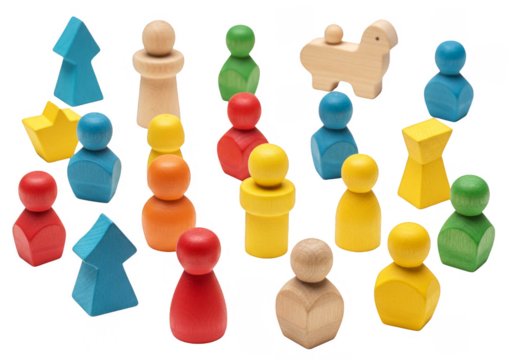 Colorful Wooden Toys and Game Pieces a Close Up Still Life Photo