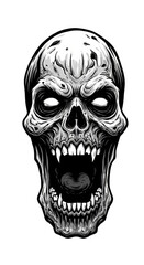 Creepy Zombie Skull Illustration Grayscale Horror Transparent Background