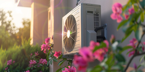 Air conditioner outdoor unit compressor outside the house in sunlight.
