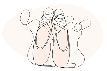 Line Art Pointe Shoe. One Continuous Outline Drawing. Editable Dancing Silk Abstract Footwear  Stroke Curve Contour. Classic Dance Elegant Vintage Accessories Symbol. Professional Ballet Artist Sign I