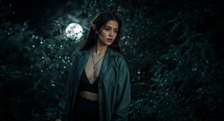 Alluring Asian elven woman with pointed ears and silk cloak deep in moonlit glade