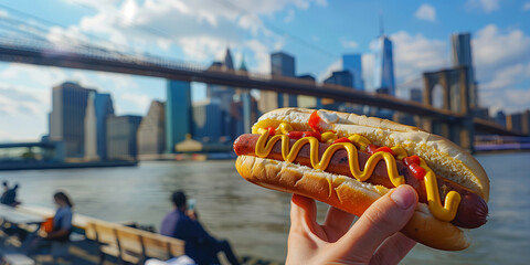 Close-up of a hand holding a classic American hot dog with mustard and ketchup, background shows the Brooklyn Bridge in New York City.