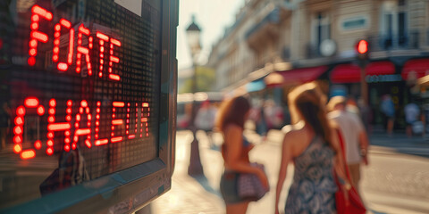 Street electronic display board showing message in French "Forte Chaleur" on a street of Paris during heat wave