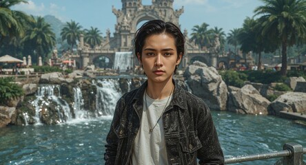 Asian man with piercing gaze and fiber optic hairstyle leaning beside digitized waterfall in virtual nature plaza