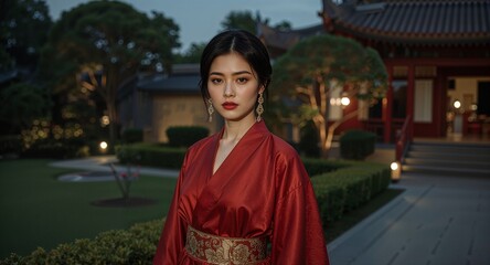 Asian noblewoman with cherry red lips in silk robe walking palace garden at dusk
