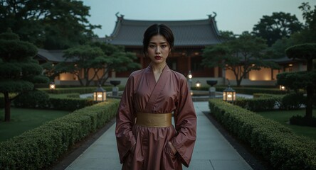 Asian noblewoman with cherry red lips in silk robe walking palace garden at dusk
