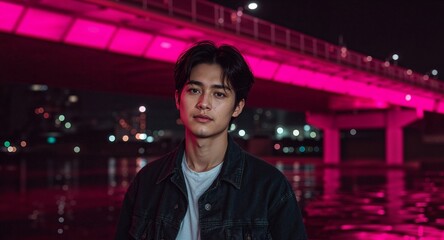 Attractive Asian guy with luminous skin finish and soft smirk posing under pink lit bridge with flying cars above