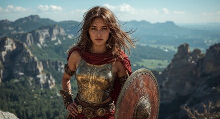 Bare Shouldered Warrior Queen in Gold Chestplate Posing on Mountain Cliff with Windblown Hair