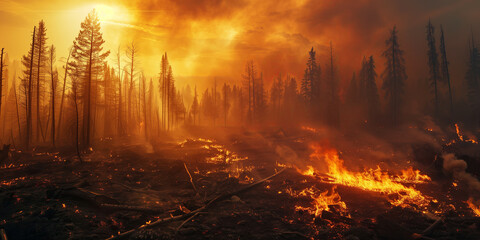 A dramatic landscape of a forest fire engulfing trees and terrain.