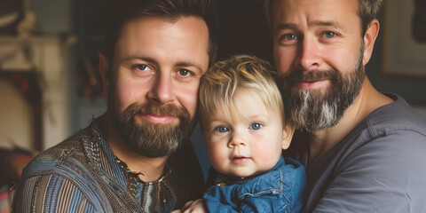 Happy homosexual male couple with their son.