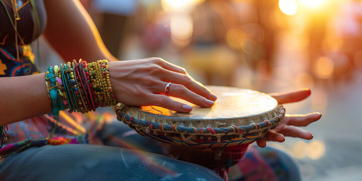 Female musician playing tambourine on the street during world music day on June 21 celebrated in Paris, France. - Powered by Adobe