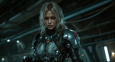Blonde Mechanic with Oil Streaked Skin and Augmented Arms Working Beneath Neon Bridge