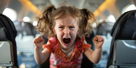 Toddler having a temper tantrum or meltdown on the plane.