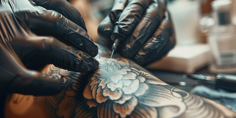 Focused tattoo artist is creating new tattoo on client's hand at tattoo studio.