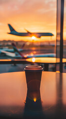 Coffee cup at the airport window with an airplane and sunrise in the background, symbolizing travel and anticipation.