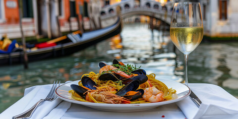 Italian seafood pasta served with a glass of chilled white wine on an outdoor table, background shows canals and small bridges of Venice, Italy.