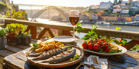 Grilled sardines, boiled potatoes, fresh vegetables, glass of red wine, with scenic view of Porto, Portugal in the background.