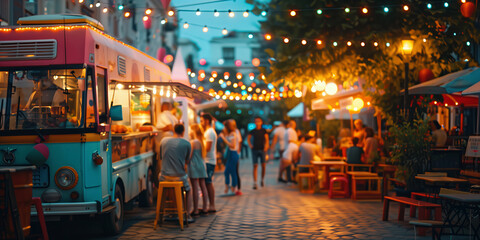 Vibrant food truck street festival scene with blurred lights in the background.,