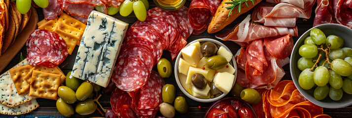Various appetizers served for aperitif, top view.