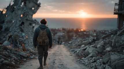Soldier Meditating Amidst War - Torn City Rubble: Anti - War Reflection
