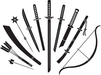 Black And White Vector Illustration Set Of Samurai Weapons And Arrows
