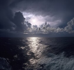 Obraz premium Dramatic Ocean View with Stormy Clouds and Lightning Illuminating the Dark Water Under a Brooding Sky