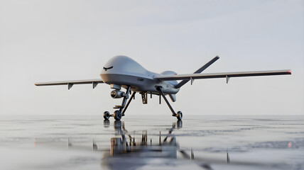 Surveillance UAV drone front angle on white, sleek with sensor and propeller.










