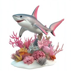 Fototapeta premium Pink Coral Reef With Gray White Shark
