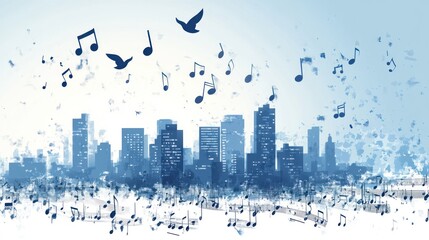 City skyline with musical notes