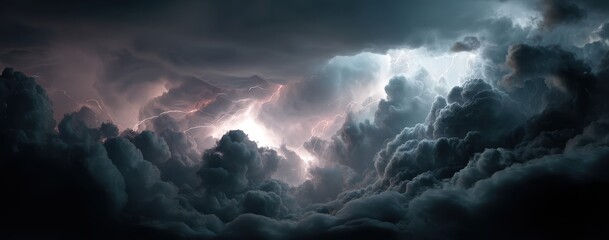 Obraz premium Dramatic Storm Clouds with Electric Lightning Illuminating the Night Sky in a Captivating Natural Display of Light and Colorful Atmosphere