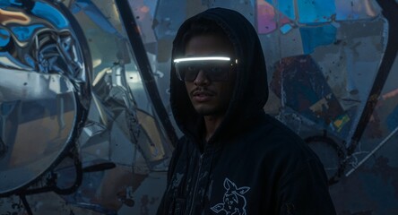 Dark toned hunk in glowing visor against metallic street art hologram wall