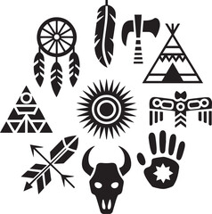 Nine Black Native American Culture Vector Icons Set Dreamcatcher Teepee Tomahawk Sun